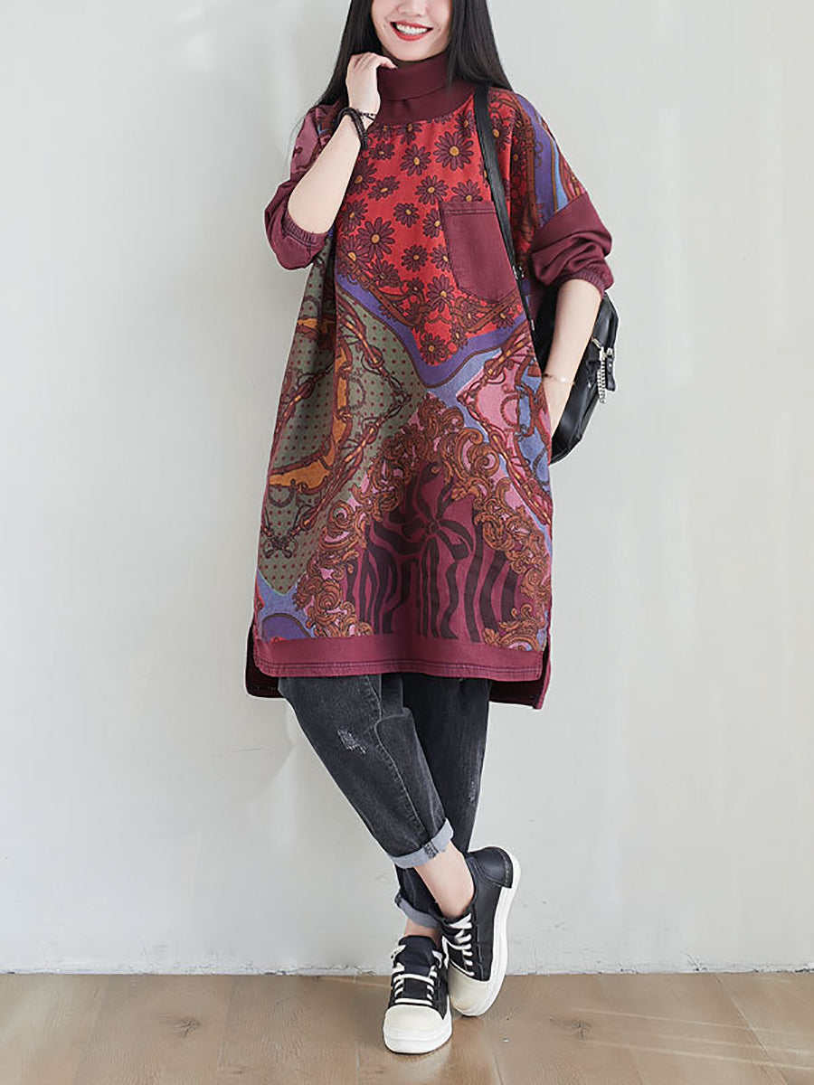 flowersverse Women Fashion Spliced Plaid Winter Fleece-lined Dress