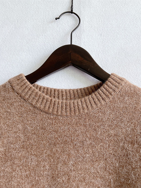 flowersverse Casual Loose Long Sleeves Solid Color Round-Neck Sweater Tops