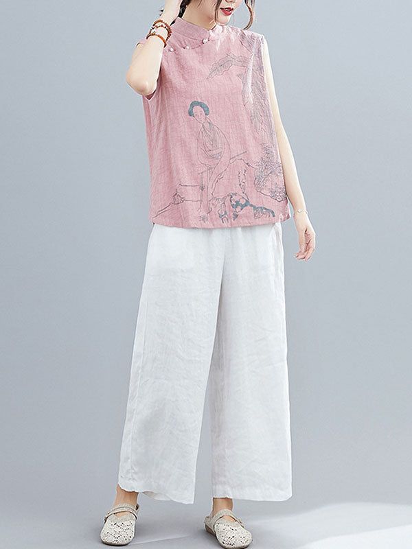 flowersverse Artistic Retro Chinese-Style Printed Buttoned Stand Collar Sleeveless Vest
