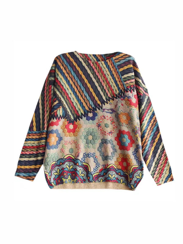 flowersverse Contrast Color High-Low Long Sleeves Round-Neck Sweater Tops Pullovers