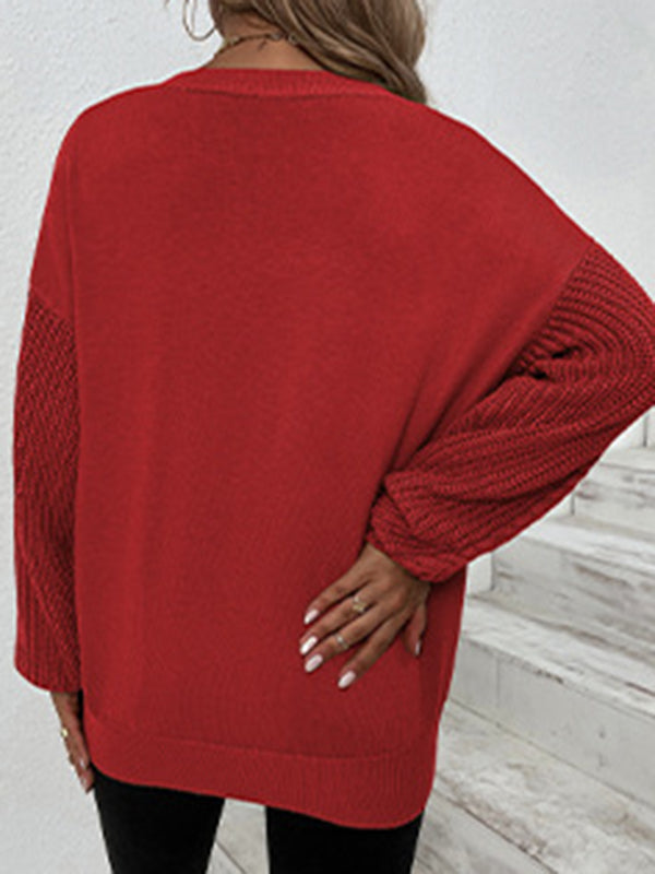 flowersverse Knitted Twist Long Sleeves Solid Color Round-Neck Sweater Tops