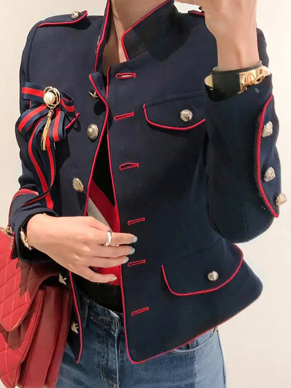 flowersverse Buttoned Split-Joint Long Sleeves Loose Stand Collar Outerwear Jackets