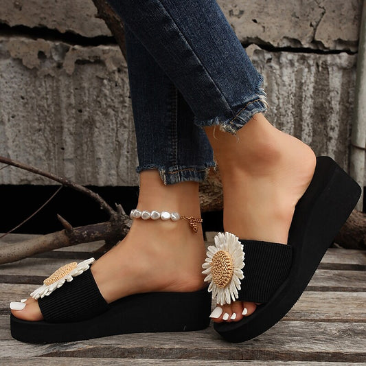 flowersverse Women's Slippers Wedge Heels Plus Size Halloween Daily Summer Flower Wedge Heel Open Toe Cute Casual Polyester Loafer Black