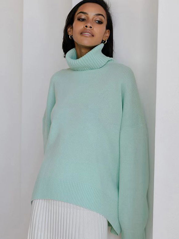 flowersverse Casual Long Sleeves Loose Solid Color High-Neck Sweater Tops