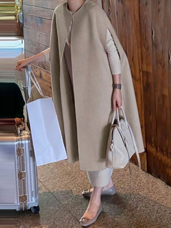 flowersverse Simple Sleeveless Solid Color Round-Neck Cape Outerwear