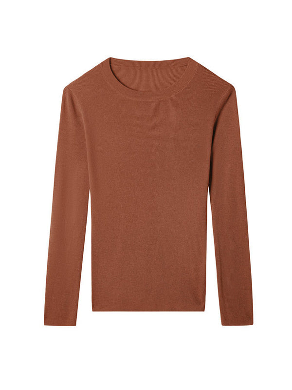 flowersverse Solid Color Long Sleeves Skinny Round-Neck Sweater Tops Pullovers Knitwear