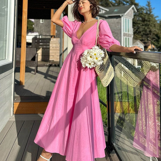 flowersverse Women's Puff Sleeve Chic Trendy Elegant Summer Loose Casual Dress