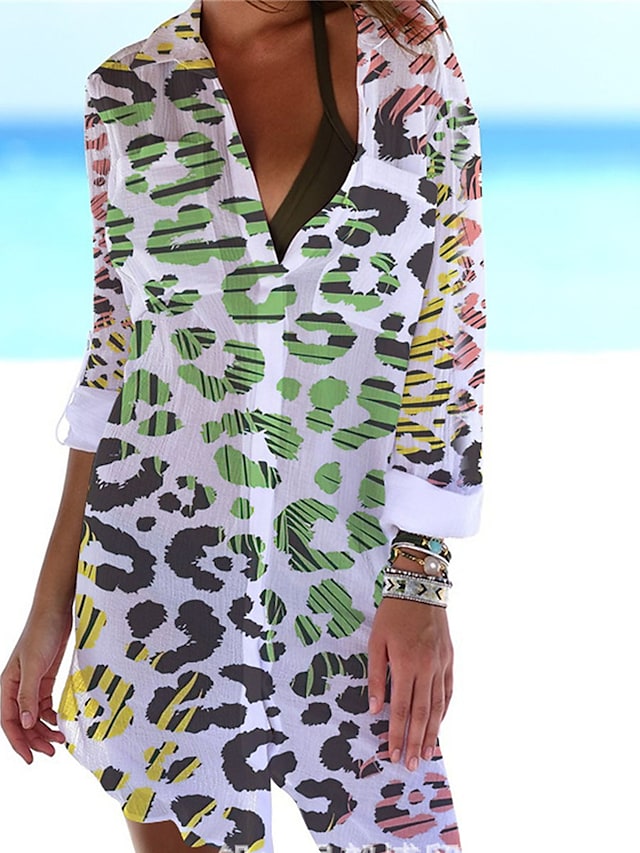 flowersverse Women's Shirt Dress Cover Up Beach Wear Mini Dress Pocket Print Fashion Casual Leopard Turndown 3/4 Length Sleeve Loose Fit Outdoor Daily White Red Spring Summer S M L XL