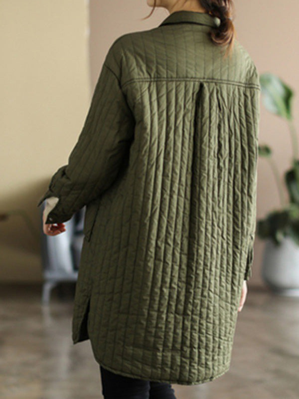 flowersverse Asymmetric Buttoned Pockets Quilted Solid Color Split-side Long Sleeves Loose Lapel Padded Coat