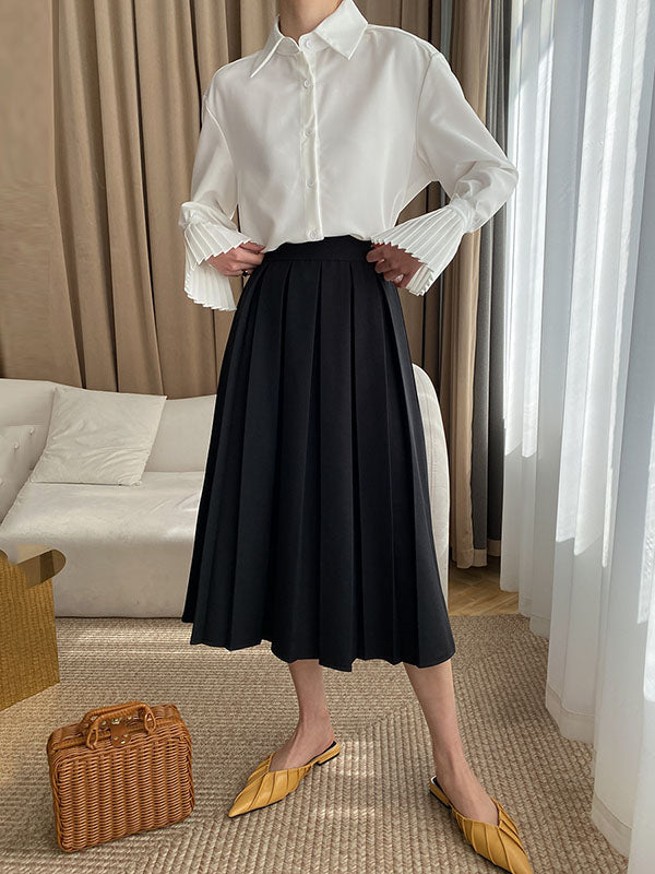 flowersverse Solid Color Flared Sleeves Lapel Blouses&Shirts Tops