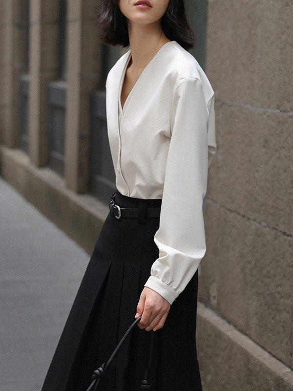 flowersverse Buttoned Solid Color False Two Long Sleeves V-Neck Blouses&Shirts Tops