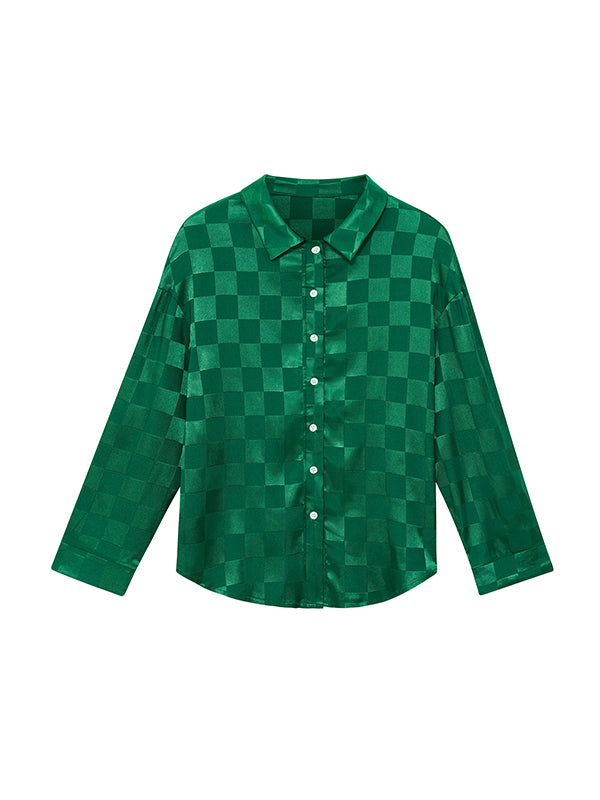 flowersverse Buttoned Plaid Long Sleeves Loose Lapel Blouses&shirts Tops