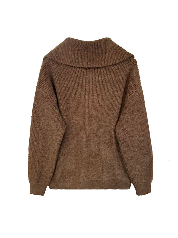 flowersverse Solid Color Zipper Long Sleeves Loose Lapel Cardigan Tops