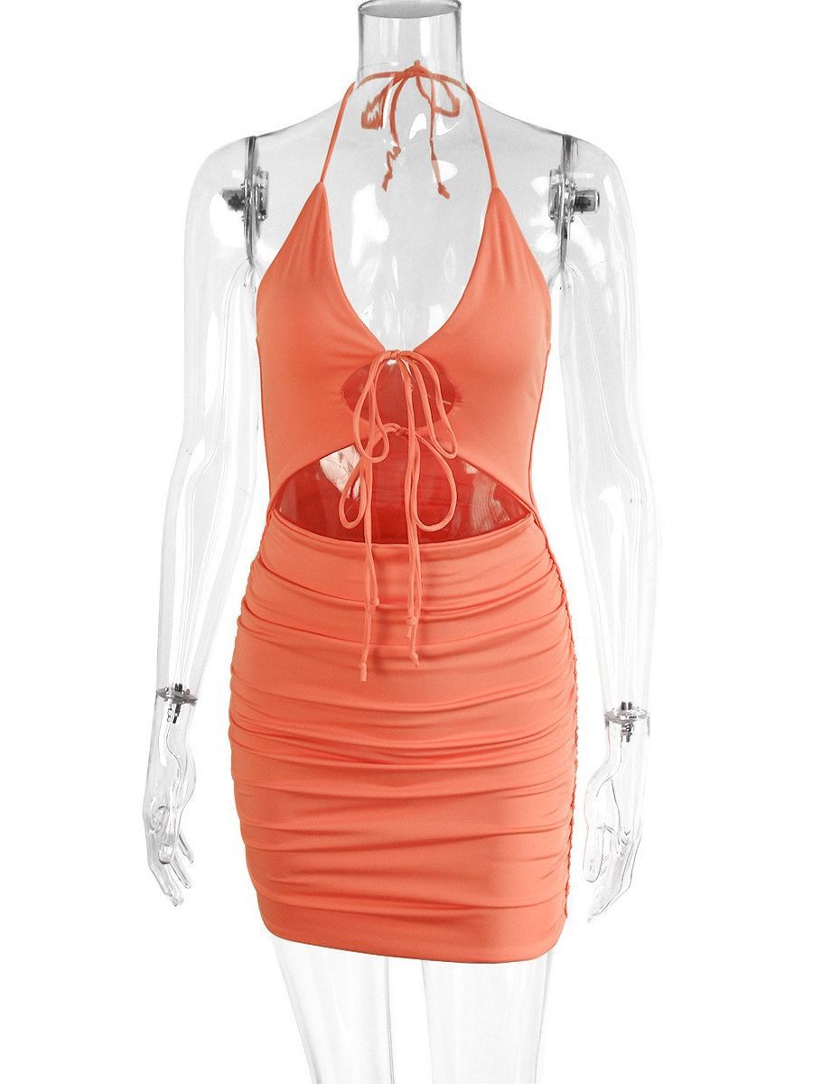 flowersverse Sexy V-neck Halter Neck Sleeveless Hollow Pleated Bodycon Tie Dress