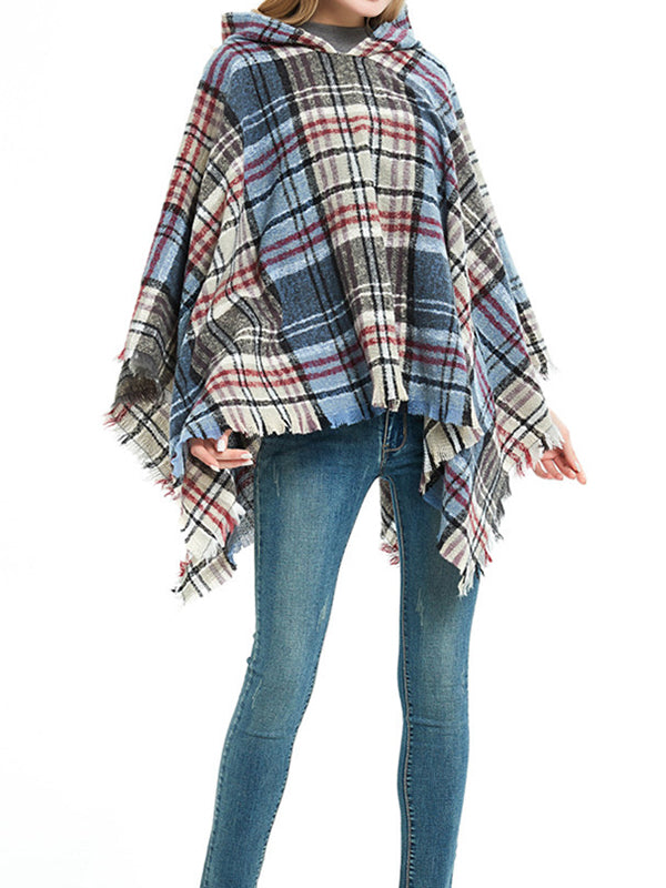 flowersverse Fringed Hooded Keep Warm Plaid Shawl&Cloak Cape