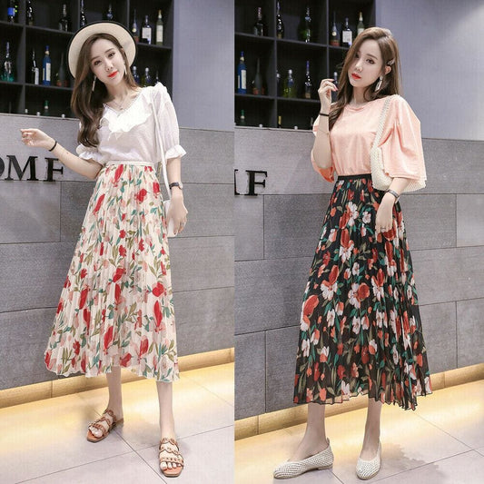 flowersverse Fashion Women Floral Pleated Boho Midi Skirt High Waist Ladies Casual Summer Party Cocktail Wrap Skirt Sundress