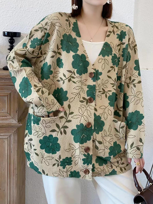 flowersverse Buttoned Knitted Flower Pockets Long Sleeves Loose V-Neck Cardigan Tops