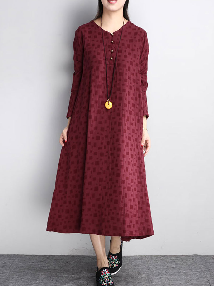 flowersverse Plus Size Women Retro Chic Buttons Long Sleeves Wine Red Dress