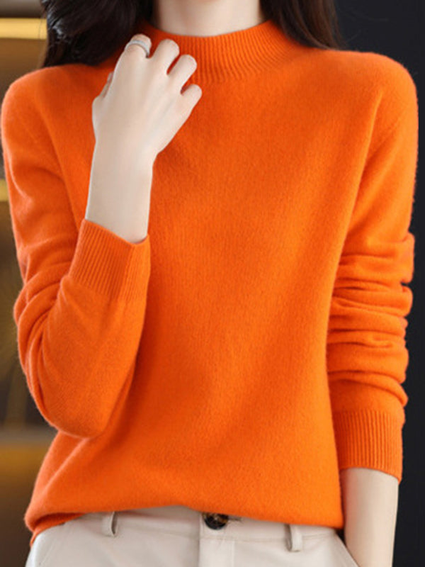flowersverse Office Long Sleeves Solid Color High-Neck Sweater Tops Pullovers