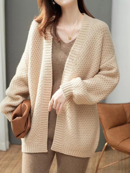 flowersverse Solid Color Long Sleeves Loose Collarless Cardigan Tops