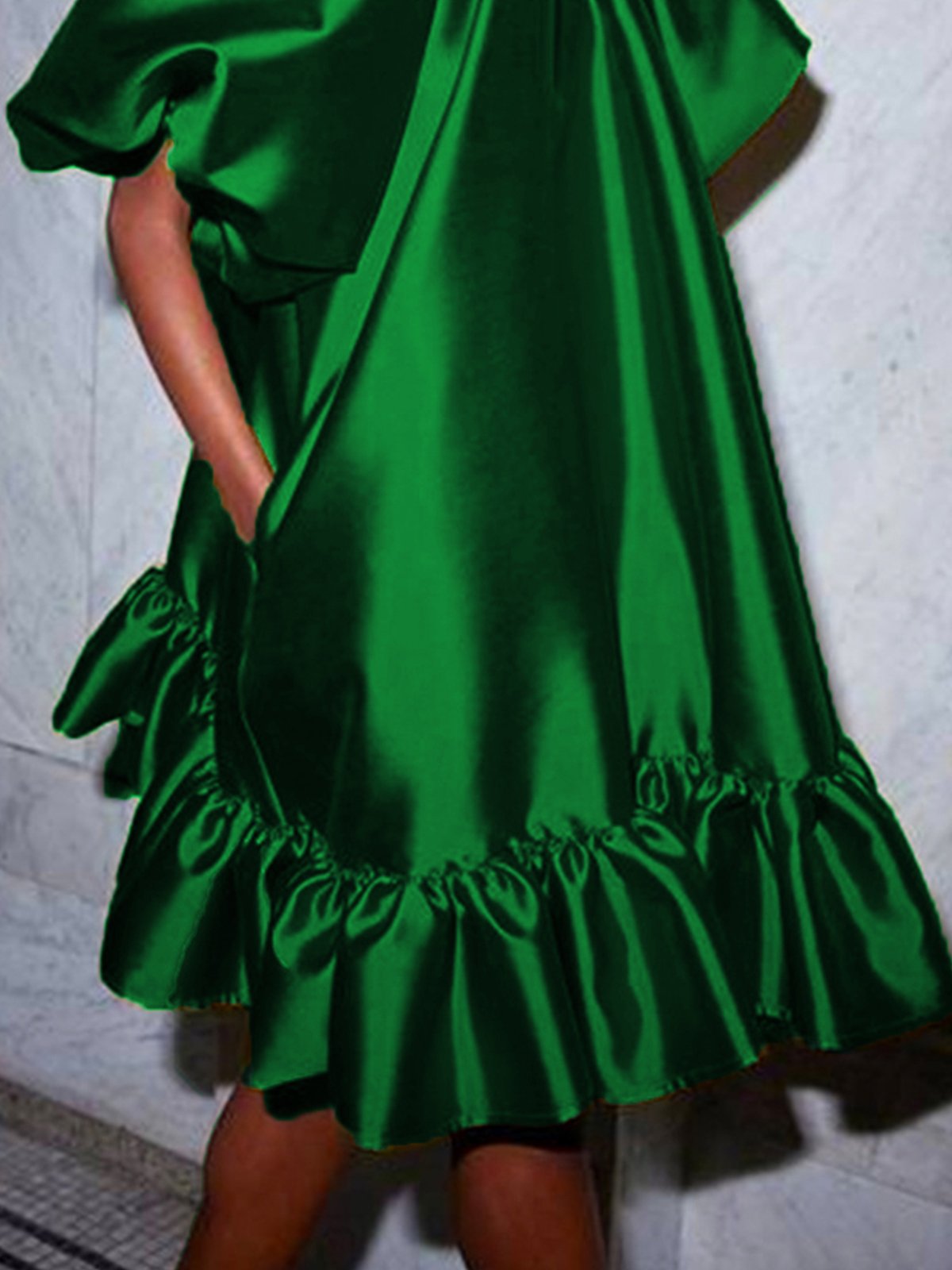 flowersverse Satin Stand Collar Plain Elegant Ruffled Skirt Party Dress