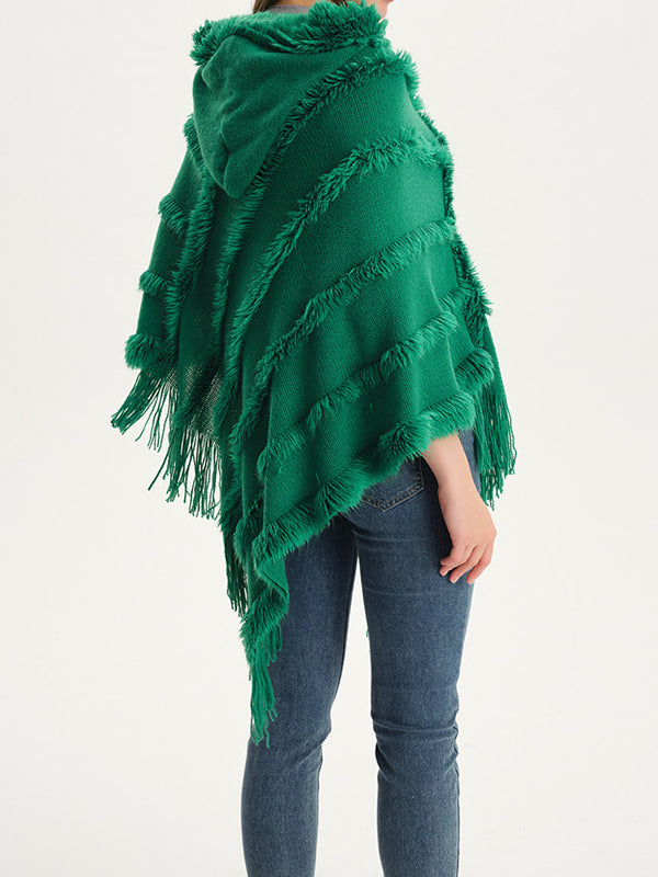 flowersverse Hooded Keep Warm Solid Color Tasseled Shawl&Cloak Cape
