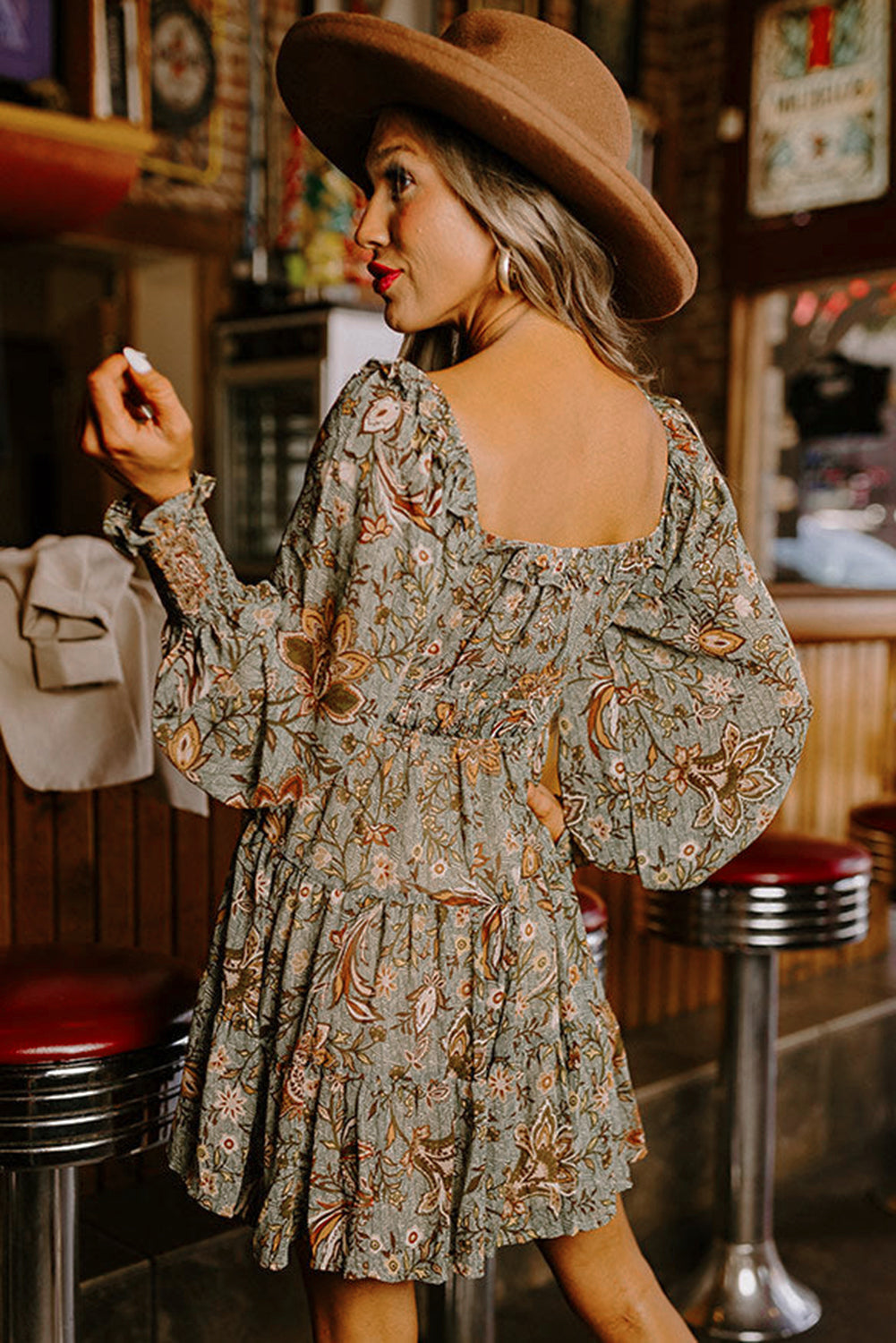 flowersverse Multicolour Floral Long Sleeve Frilled U-Neck Ruffled Dress