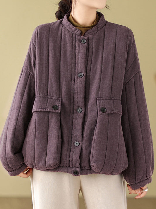 flowersverse Buttoned Pockets Quilted Split-Joint Long Sleeves Loose Round-neck Padded Coat