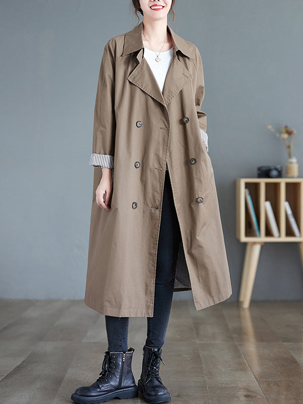 flowersverse Buttoned Pockets Long Sleeves Loose Notched Collar Trench Coats