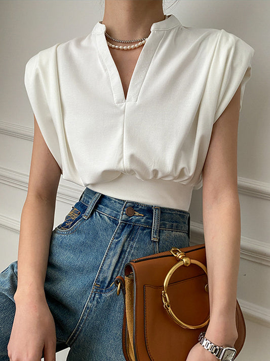 flowersverse Loose Sleeveless Split-Joint Solid Color V-Neck Vest Top