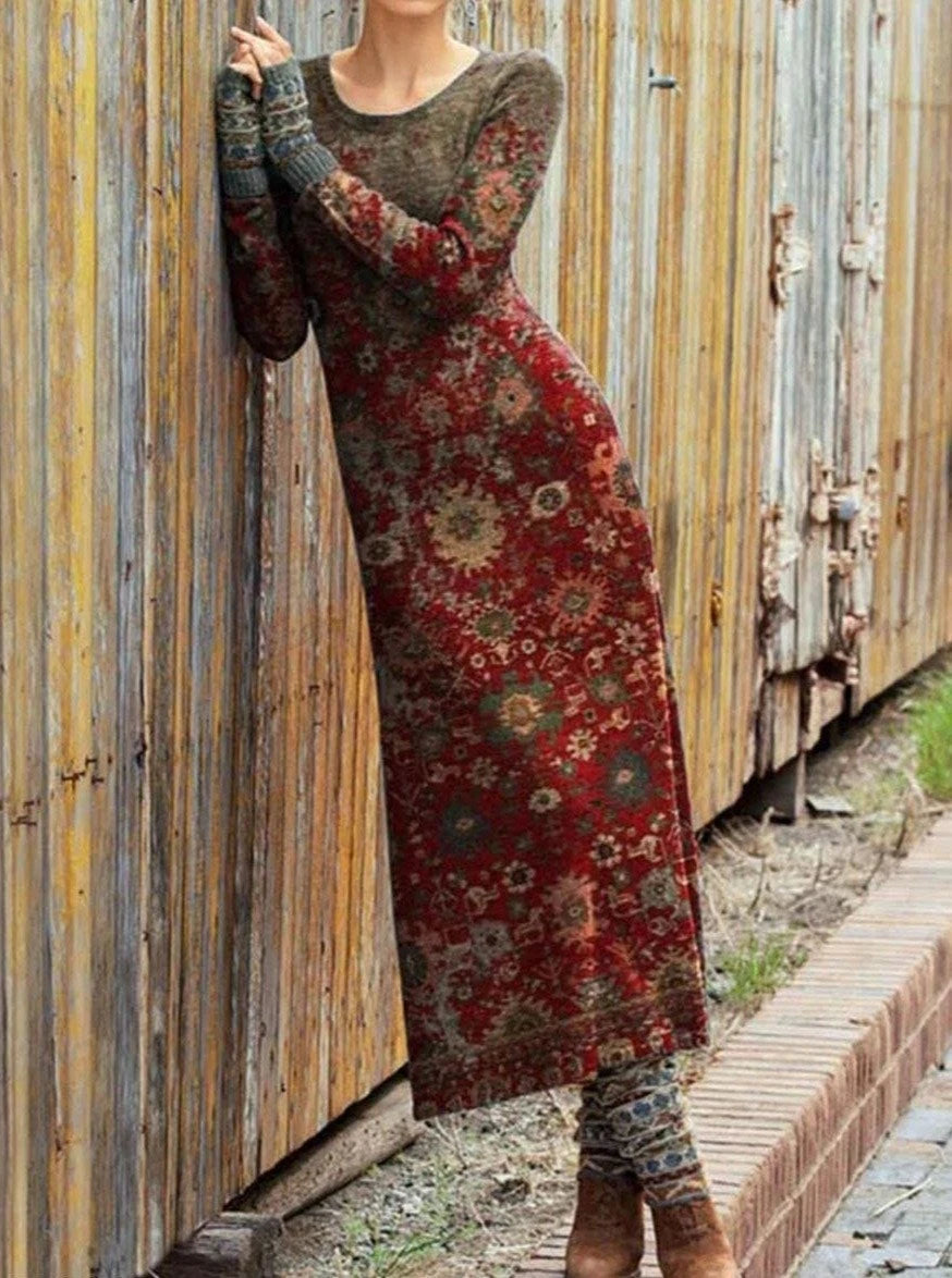flowersverse Fashion Retro Print Round Neck Long Sleeve Casual Maxi Dress