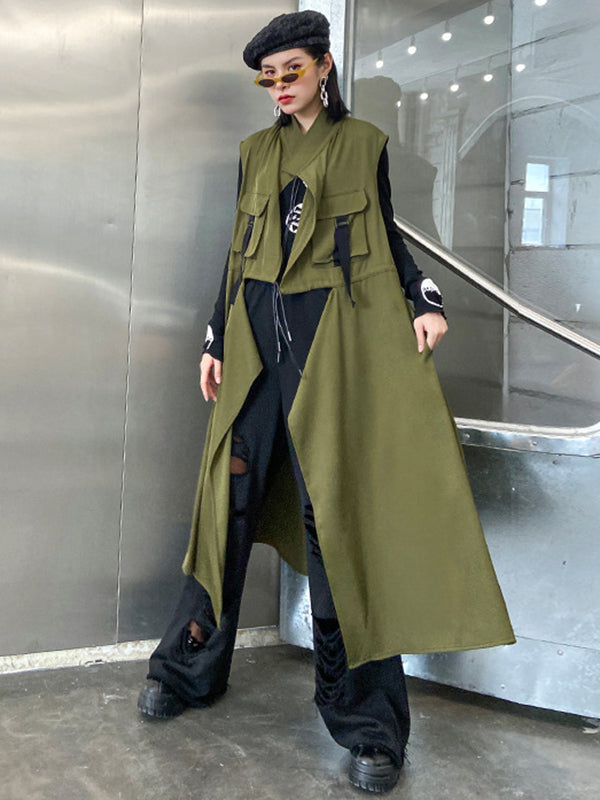 flowersverse Casual Asymmetric Split-Joint Drawstring Vest Dress Outerwear
