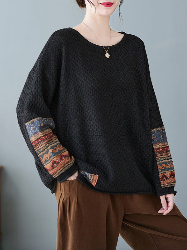 flowersverse Printed Split-Joint Long Sleeves Loose Round-Neck Sweater Tops Pullovers