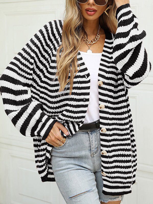 flowersverse Casual Loose Long Sleeves Striped V-Neck Cardigan Tops