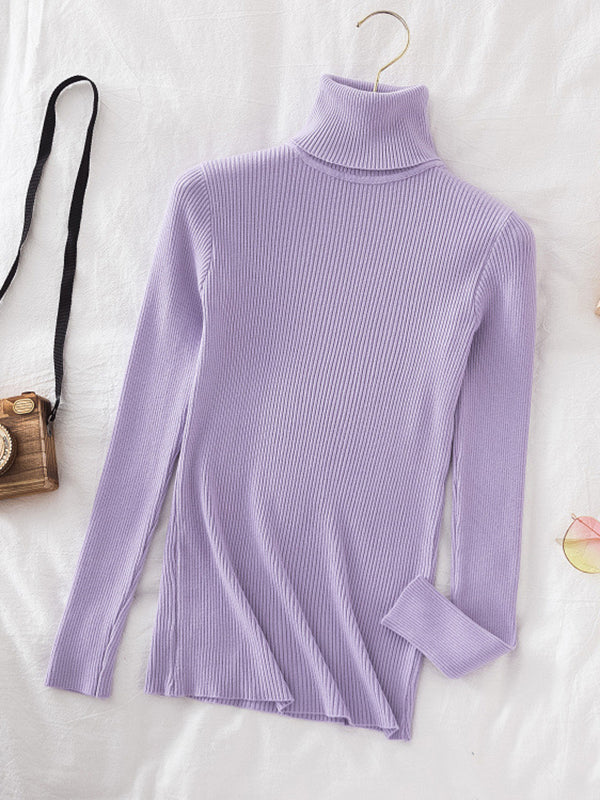 flowersverse Simple Skinny Solid Color High-Neck Sweater Tops