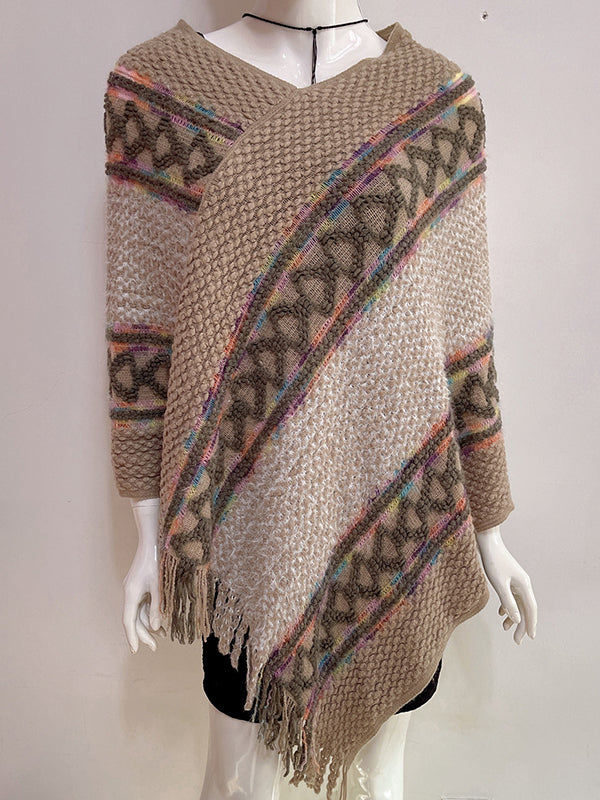 flowersverse Asymmetric Tasseled Loose V-Neck Shawl&Cloak Cape