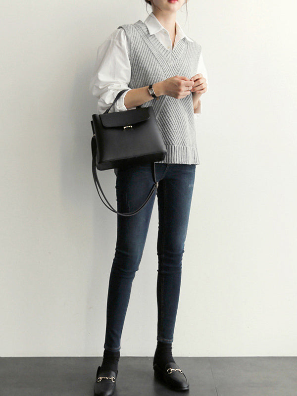 flowersverse Casual Sleeveless Loose Solid Color V-Neck Vest Outerwear