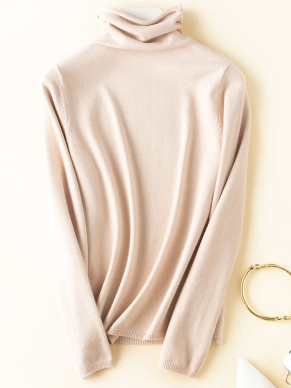 flowersverse Casual Skinny Long Sleeves Solid Color Heaps Collar Sweater Tops Pullovers