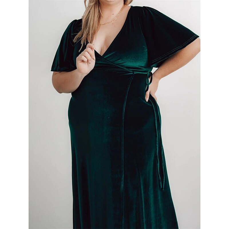 flowersverse Women‘s Plus Size Easter Dress Short Sleeve Lace up Velvet Dress Work Dress Wrap Dress Solid Color Long Dress Maxi Dress Split V Neck Fashion Outdoor Dark Green Spring Dress