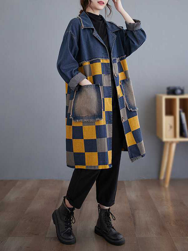flowersverse Buttoned Fringed Plaid Pockets Split-Joint Long Sleeves Loose Notched Collar Denim Outerwear