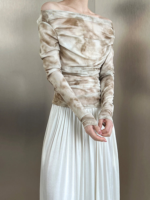 flowersverse Gauze Pleated Split-Joint Tie-Dyed Skinny Sun-Protection Off-The-Shoulder Blouses&Shirts Tops