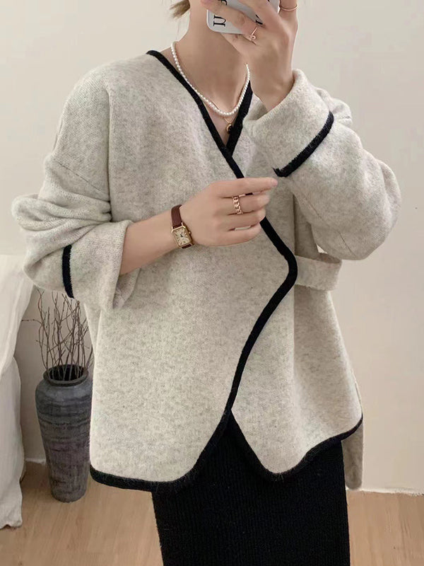 flowersverse Split-Joint Long Sleeves Loose V-Neck Cardigan Tops