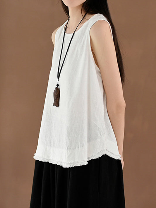flowersverse Fringed Solid Color Loose Sleeveless Round-Neck Vest Top