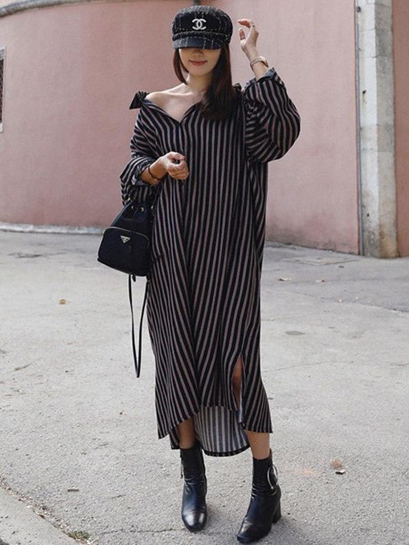 flowersverse Loose Striped Lapel Split-joint Blouse Dress