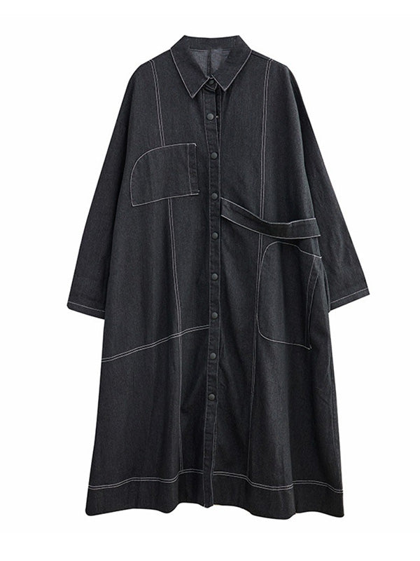flowersverse Casual Loose Long Sleeves Buttoned Lapel Collar Denim Trench Coats