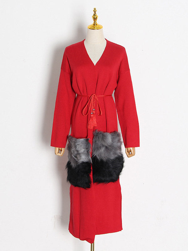 flowersverse Casual Tied Contrast Color Split-Joint With Big Pockets Cardigan Coats