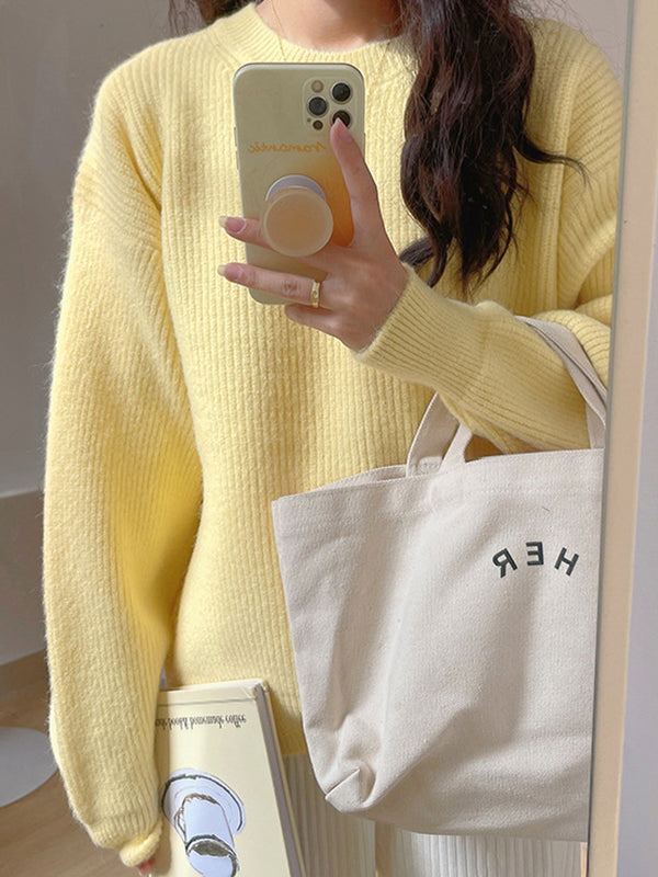 flowersverse Solid Color Long Sleeves Loose Round-Neck Sweater Tops Pullovers