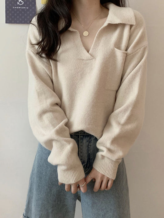 flowersverse Casual Simple 6 Colors V-Neck Long Sleeves Sweater Top