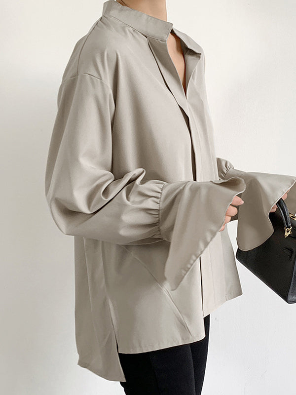 flowersverse Solid Color Flared Sleeves High-low V-neck Blouses&shirts Tops