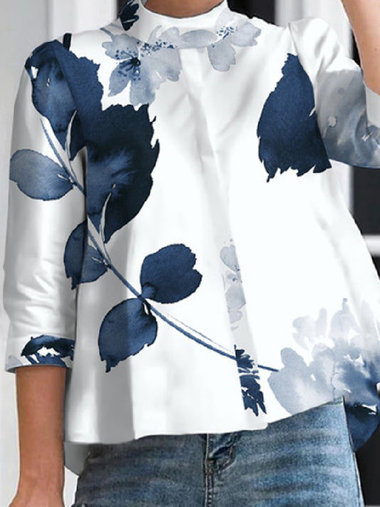 flowersverse Floral Printed Three-Quarter Sleeves Stand Collar Blouses&Shirts Tops